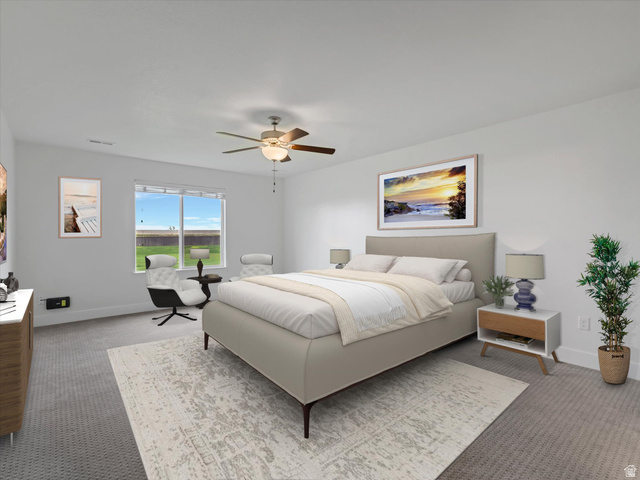 1278 South Grace Way Layton, UT 84041 - Photo 12 of 23 Carpeted bedroom featuring a large window, neutral wall paint, and a ceiling fan with integrated lighting