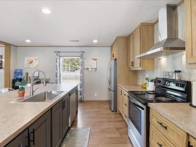 a large kitchen with lots of counter space