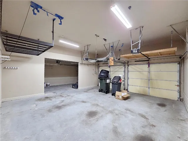 a view of a garage with storage