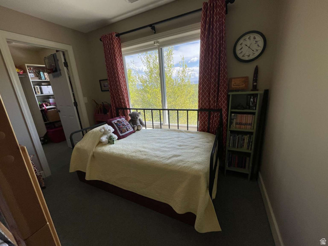 7030 West 2100 North Mendon, UT 84325 - Photo 48 of 67 Carpeted room featuring a large window with exterior foliage, a black metal bed frame, and a built-in closet with shelving
