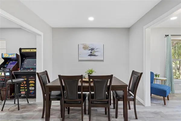 a view of a dining room with furniture