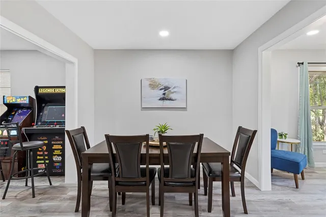 a view of a dining room with furniture