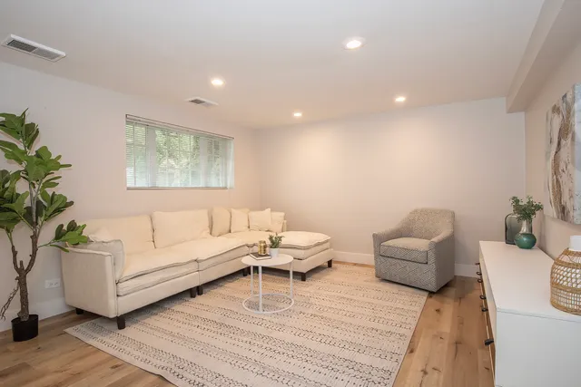 a living room with furniture and a potted plant