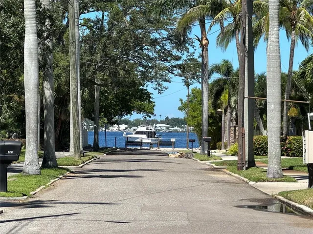 a view of a street with palm trees