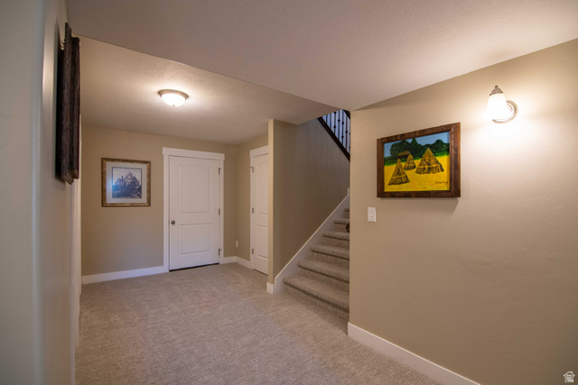 646 East 1400th Street North Mapleton, UT 84664 - Photo 36 of 78 Carpeted hallway featuring a white two-panel door, white baseboards, and neutral wall tones