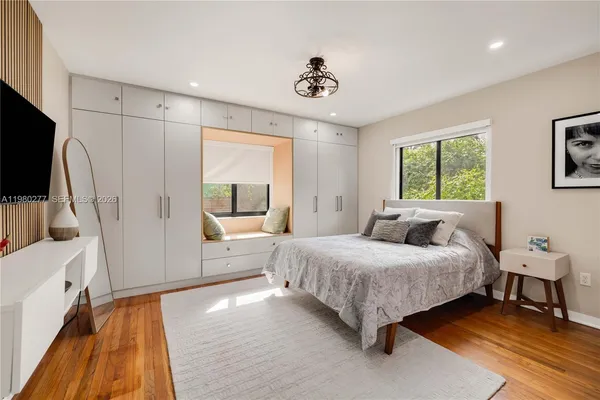 a bedroom with a bed and a flat screen television