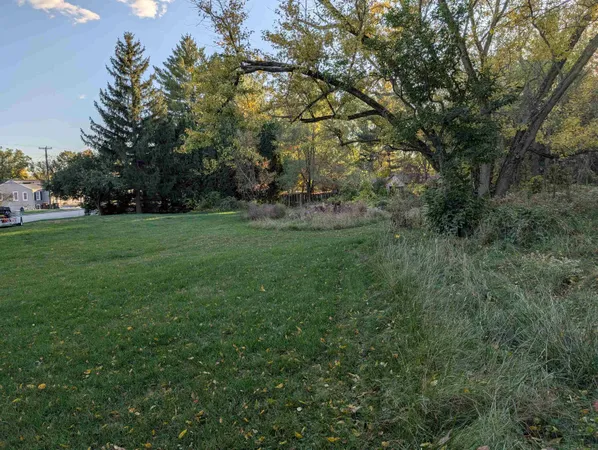 a view of a field with trees in the background