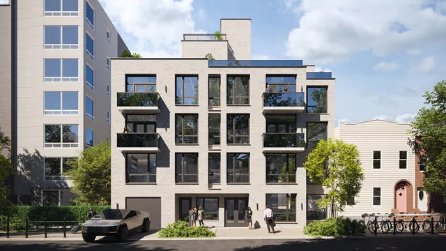 a front view of a multi story building