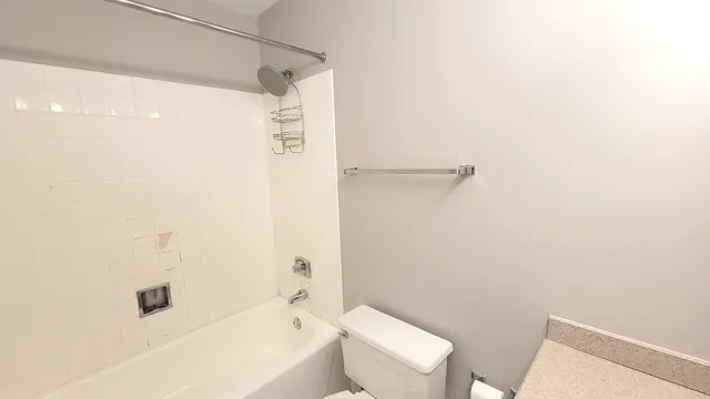 a bathroom with a shower a toilet and a window
