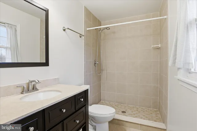 a bathroom with a shower sink vanity mirror and toilet