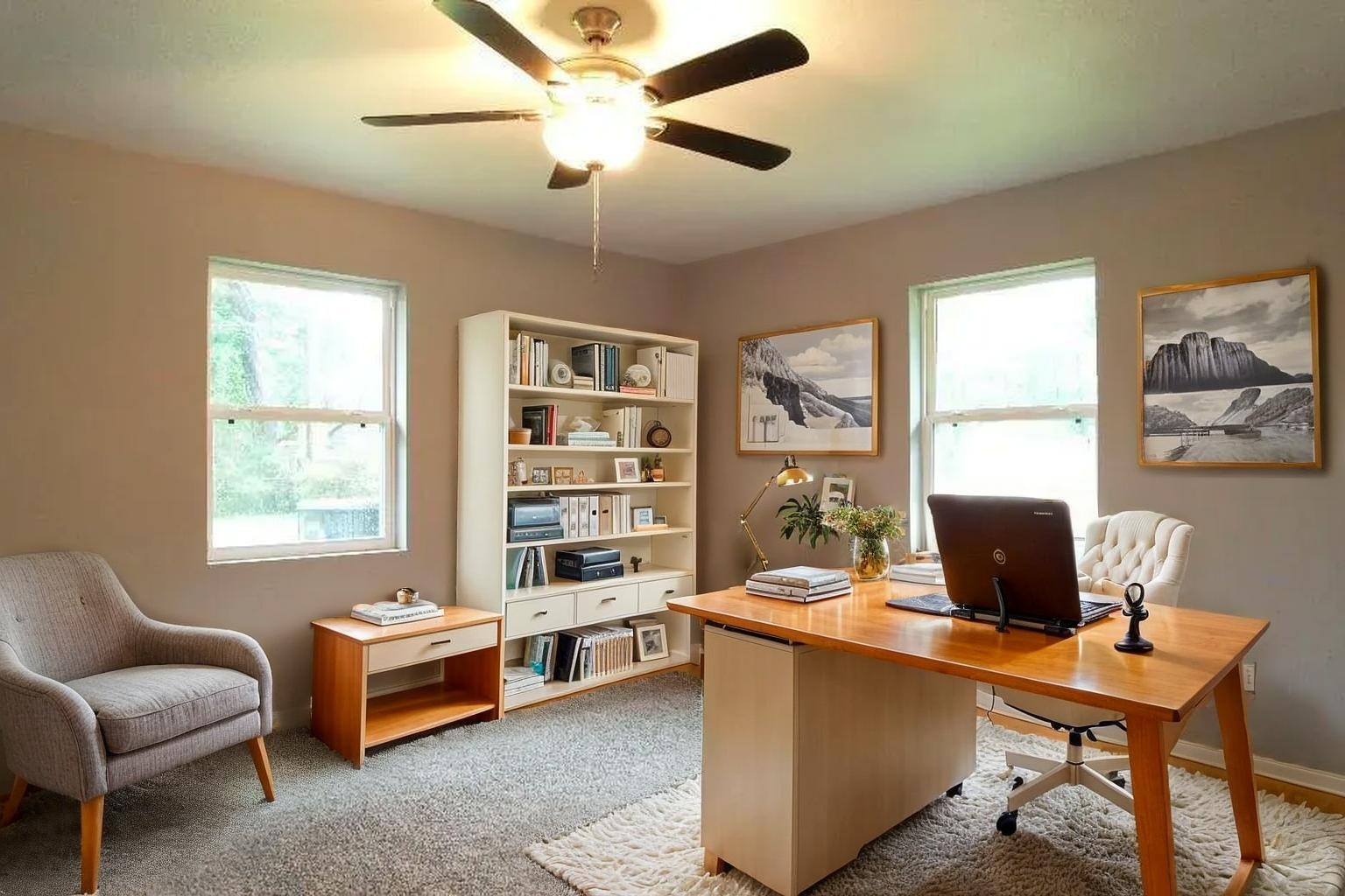 25373 Goodson Road Splendora, TX 77372 - Photo 22 of 43 (Virtually Staged) Cozy room with a stylish desk, mechanical fan, and warm wood flooring. Tasteful furniture, including a couch and bookcase, plus natural light create an inviting atmosphere—perfect for an office or den.