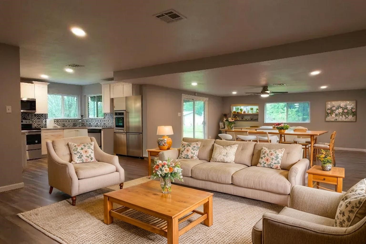 25373 Goodson Road Splendora, TX 77372 - Photo 8 of 43 (Virtually Staged) Stylish living room with a comfortable couch, chairs, and coffee table. The modern design features elegant flooring and decor, creating an inviting space perfect for relaxation.