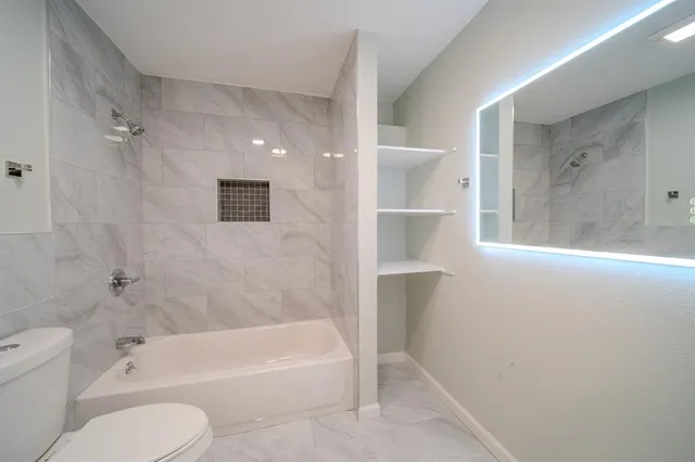 a bathroom with a toilet and a bathtub