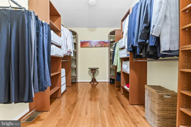 a view of walk in closet with clothes and shoes