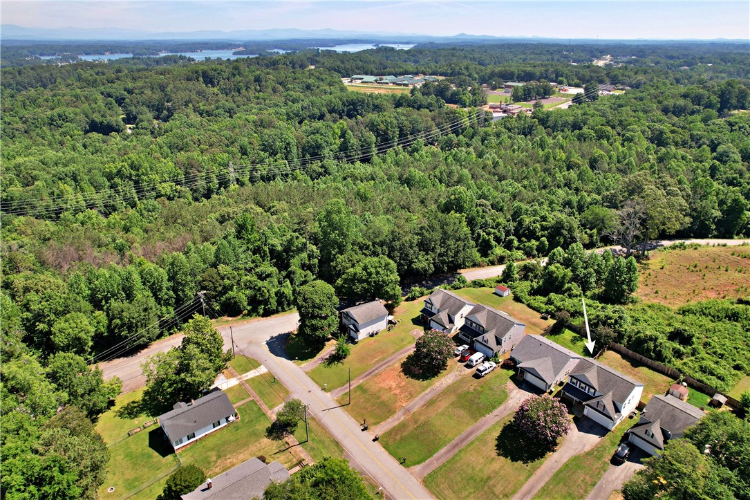 305 North Chestnut Street Seneca, SC 29678 - Photo 42 of 44 An aerial panorama reveals a tranquil neighborhood surrounded by a vast, verdant forest, with distant water views.