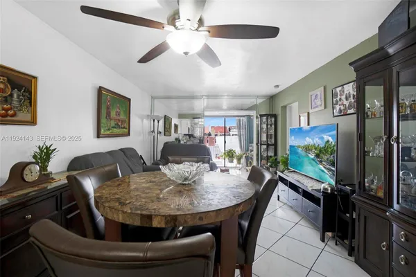 a view of a dining room with furniture