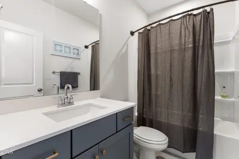 a bathroom with a sink a toilet a mirror and shower curtain