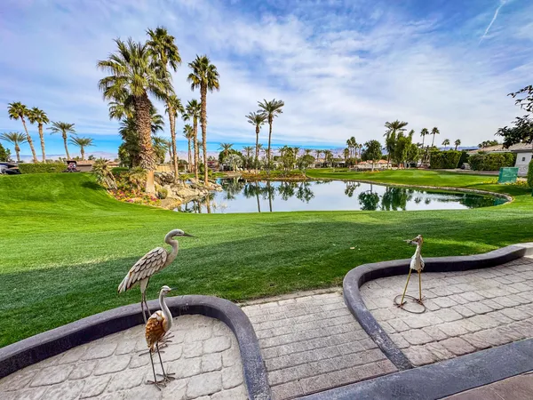 a garden with trees in the background