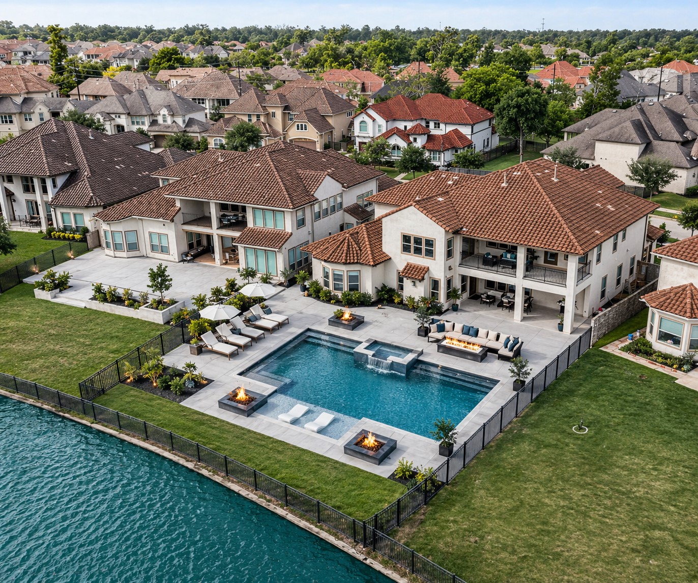5403 Rouchel Brook Lane Sugar Land, TX 77479 - Photo 33 of 42 Aerial perspective highlighting the home’s prime lot, lakefront setting, and surrounding luxury community. Rendering of your resort-themed backyard potential featuring a custom pool, spa, fire features, and expansive outdoor living space.
