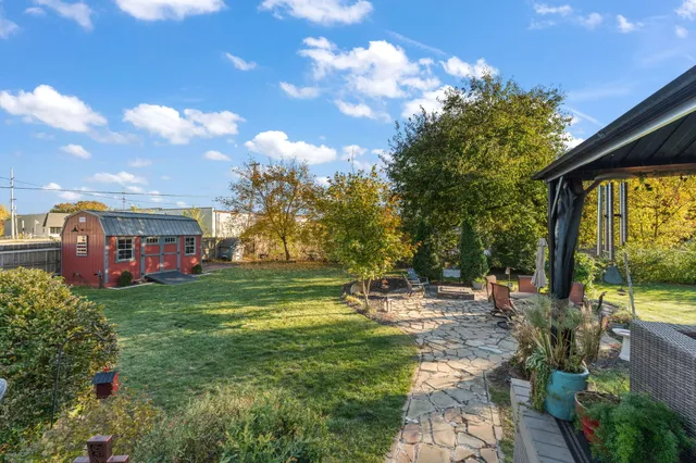 a view of a park with large trees