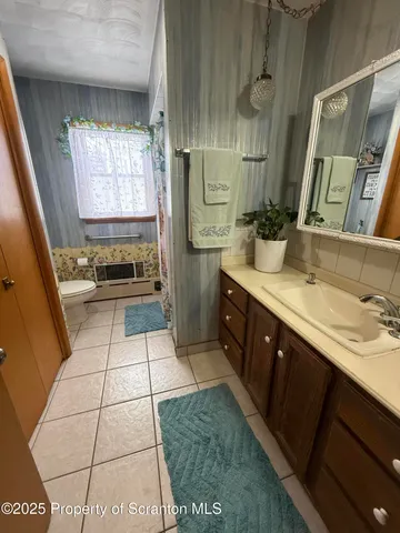 a bathroom with a sink a toilet and mirror