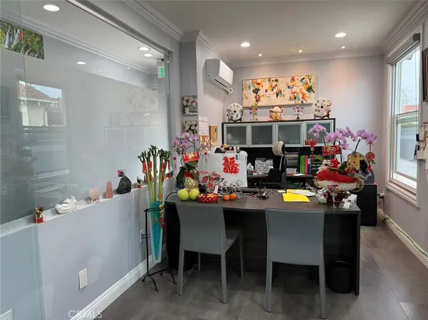 a view of a dining room with furniture