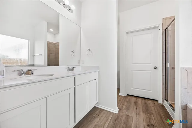 a bathroom with a sink and a mirror