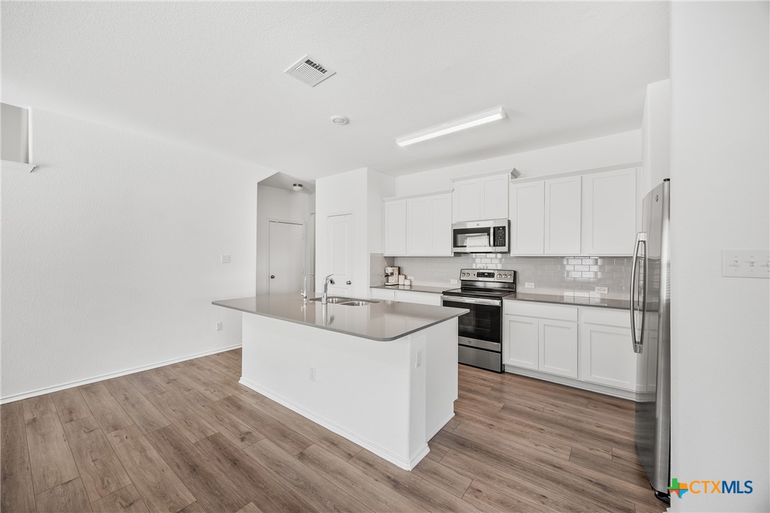 141 Rowdy Yates Way Jarrell, TX 76537 - Photo 5 of 32 a kitchen with a sink white cabinets and stainless steel appliances