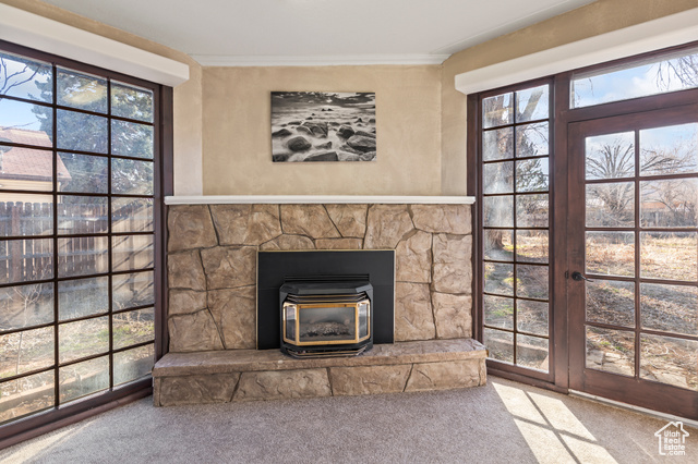 465 North Main Street Richfield, UT 84701 - Photo 26 of 43 Room details with crown molding, a wood stove, and carpet