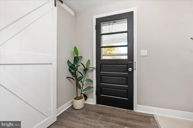 a view of a hallway with wooden floor and a potted plant