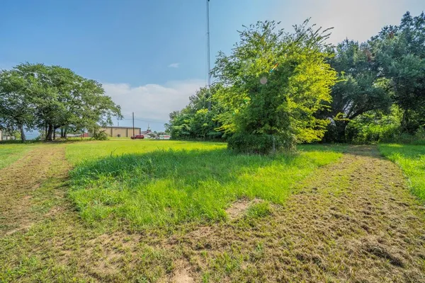 a view of a garden with a building in the background