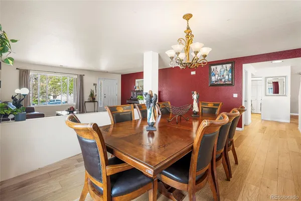 a view of a dining room with furniture window and wooden floor