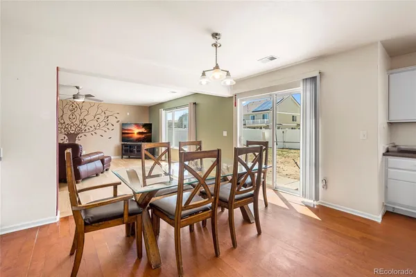 a view of a dining room with furniture and wooden floor