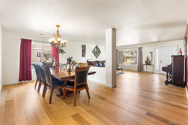 a view of a dining room with furniture and wooden floor