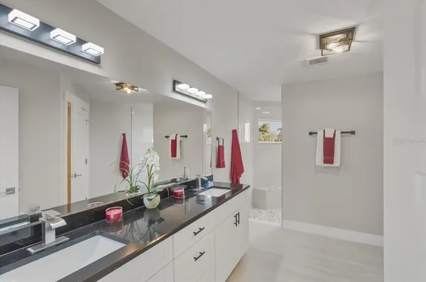 a bathroom with a shower and a sink