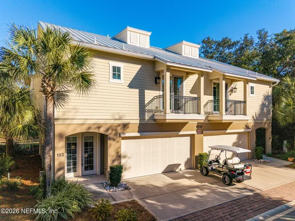 a front view of a house with patio