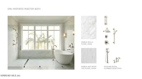 a bathroom with a tub a sink and a large mirror
