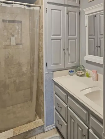 a bathroom with a sink and a mirror