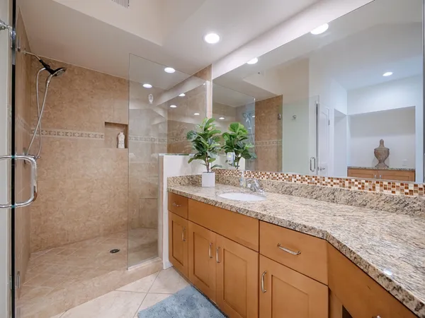 a bathroom with a granite countertop sink a shower and a mirror
