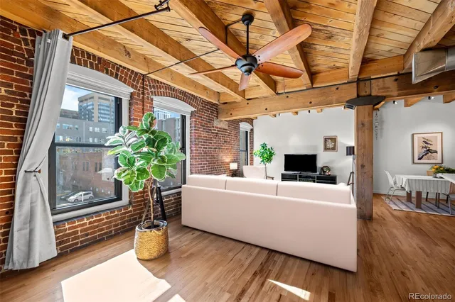 a living room with furniture and a potted plant