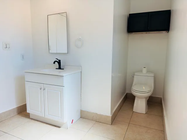 a bathroom with a toilet a sink and a mirror