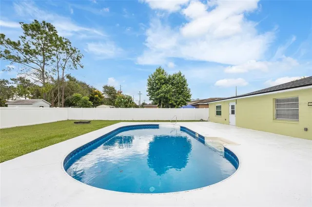 a view of a swimming pool with a yard