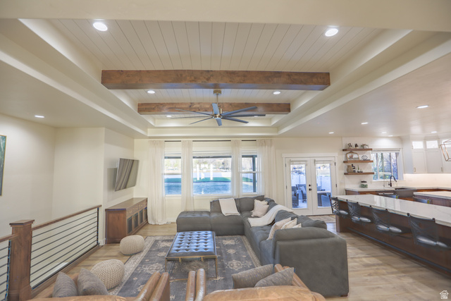 126 North 800 West Mapleton, UT 84664 - Photo 16 of 79 Living area featuring recessed lighting, ceiling fan, french doors, light wood-style floors, and a wooden ceiling with exposed beams