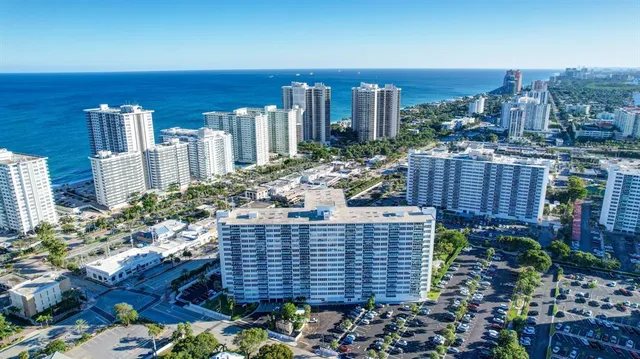 a view of a city and flowers