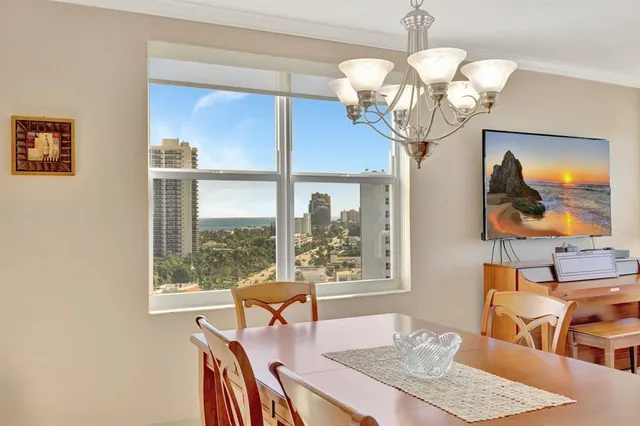 a view of a dining room with furniture wooden floor and chandelier