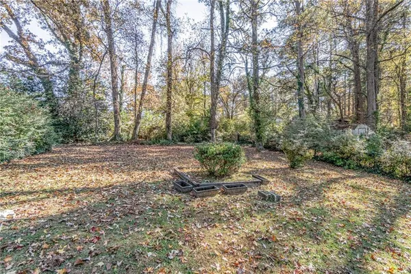 a view of a backyard with large trees