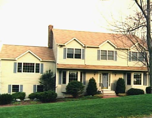 a front view of a house with a yard and trees