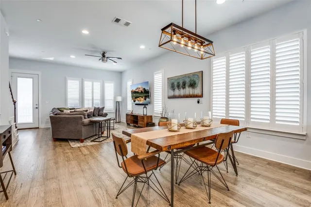 a view of a dining room with furniture window and wooden floor