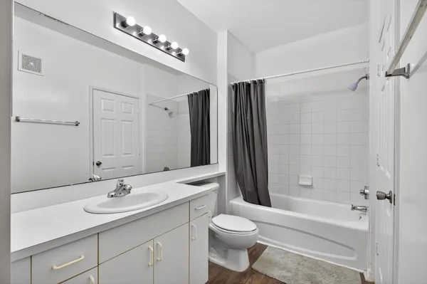 a bathroom with a toilet a sink a mirror a bathtub and vanity
