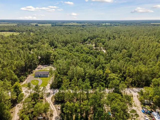 an aerial view of a houses with a yard